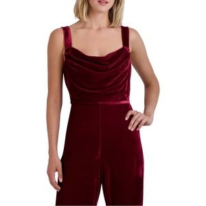 Velvet Square Drapped Neckline Ruby Long Pants Jumpsuit, L